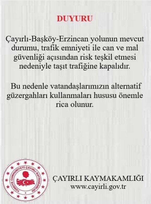Çayırlı Yolu Kapalı