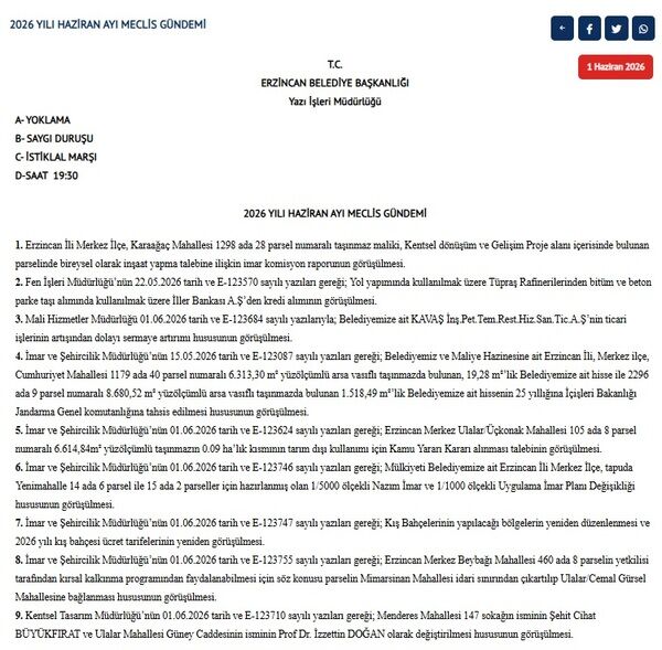 Erzincan Belediyesi 2026 Haziran Ayı Meclis Gündemi 1