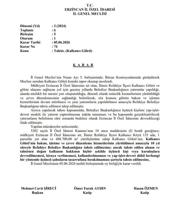 Erzincan İl Genel Meclisi Refahiye Kalkancı Göleti Tahsis Kararı 2
