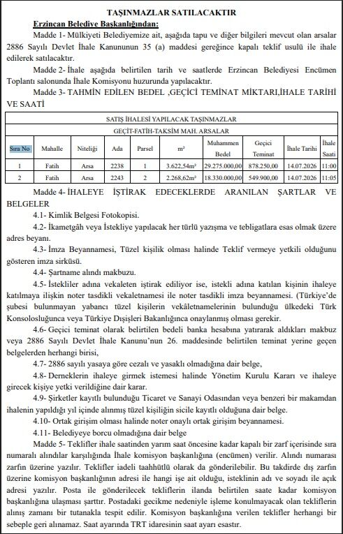 Erzincan Belediyesi Gayrimenkul Satışı 2 Arsa