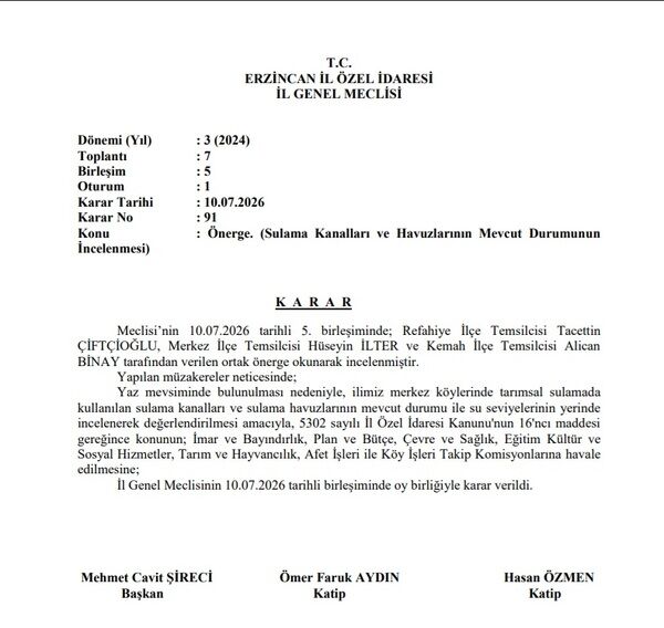Erzincan İl Özel İdaresi Sulama Önergesi