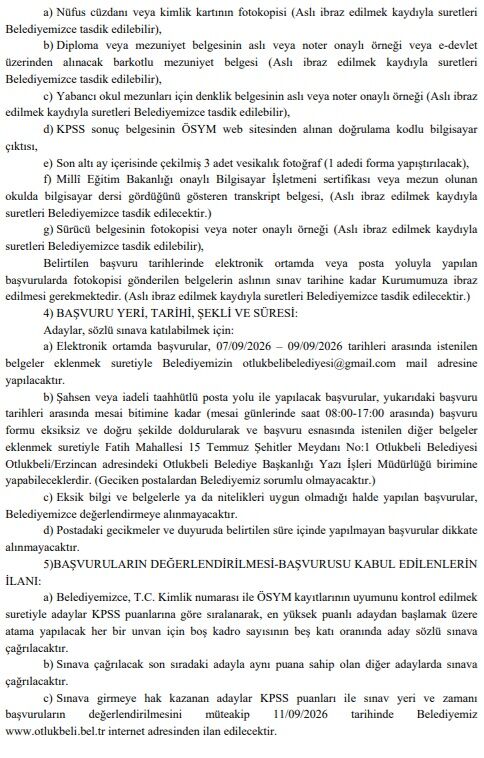 Otlukbeli Belediye'sine Memur Alınacak 1