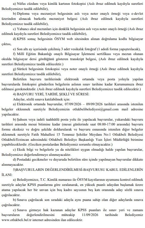 Otlukbeli Belediye'sine Memur Alınacak 2