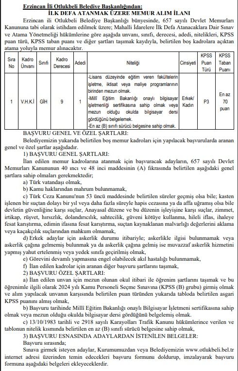 Otlukbeli Belediye'sine Memur Alınacak