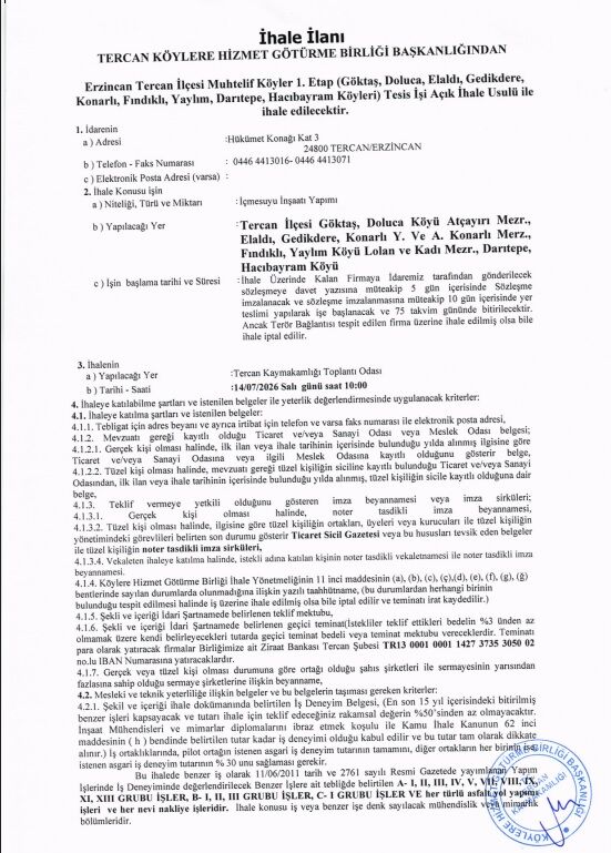 Tercan 1 Etap İçme Suyu Yapılacak Köyler