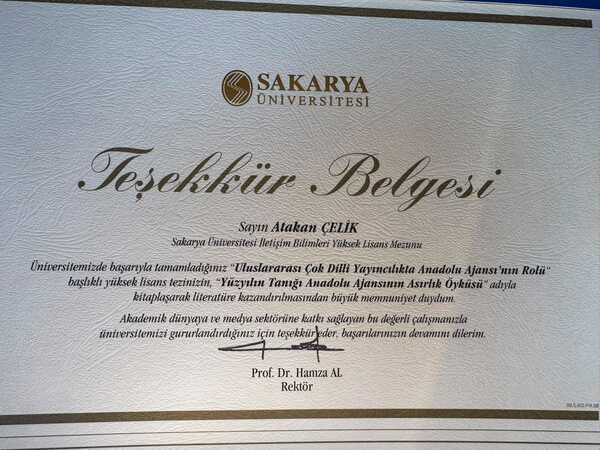Atakan Özçelik Teşekkür Belgesi