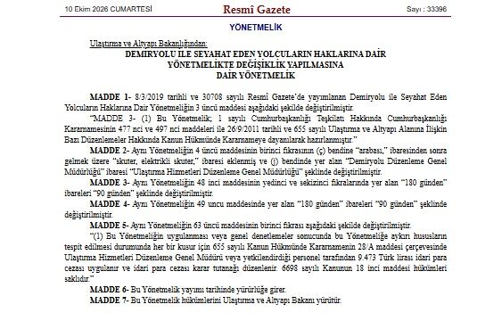 Demiryolu Seyahat Eden Yolcular Hakkında Yönetmelik Değişikliği